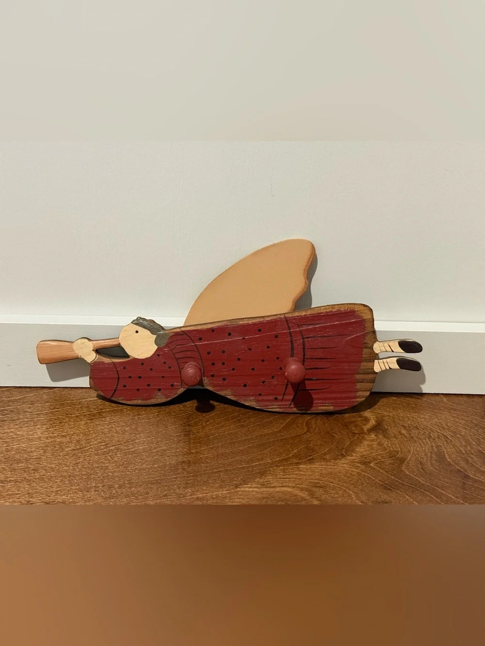 Vintage Wooden Angel Folk Art Wall Decor With Pegs